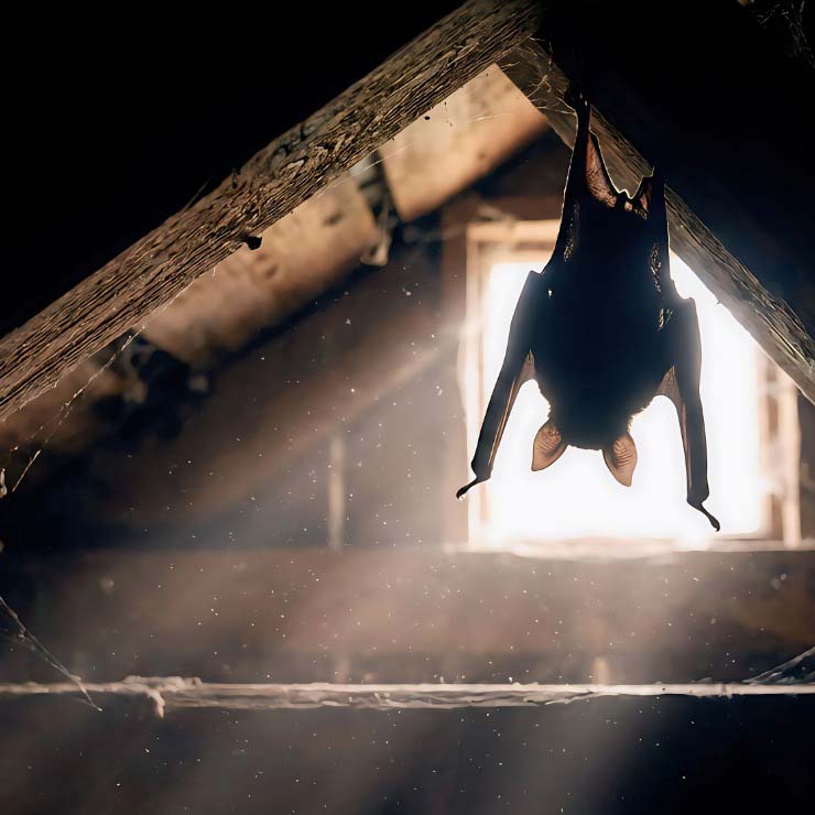 Bat silhouette in attic with window light.