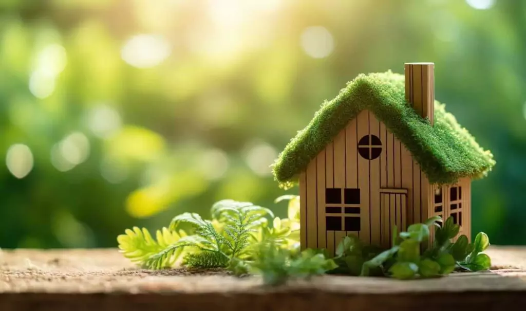 Small cardboard model house with moss and ferns highlighted by sunlight.