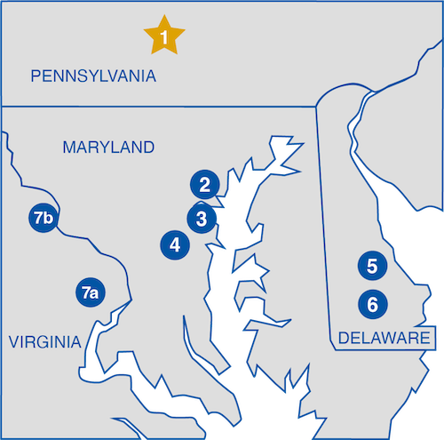 Stylized map of northern Virginia, Maryland, Delaware, and southern Pennsylvania with markers for Liberty Insulation and its sister company locations.