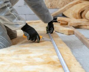 Worker measuring and cutting fiberglass batt insulation.