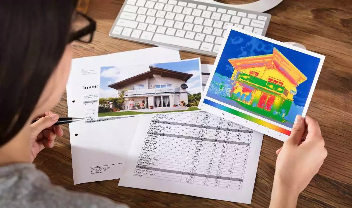Woman reviewing a heatmap image of her home next to an invoice.