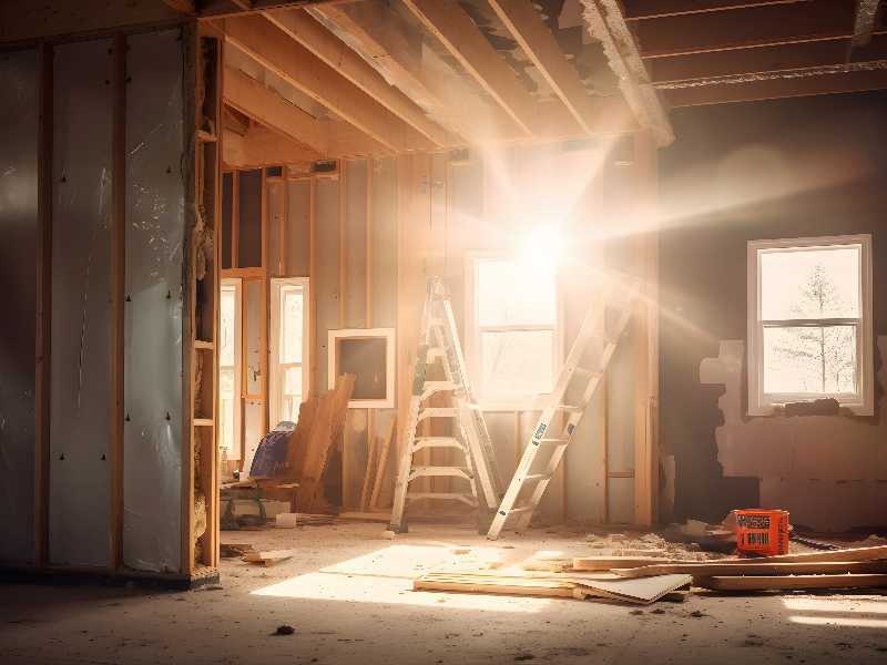 Interior of a home under construction with early morning sun glaring through the window.